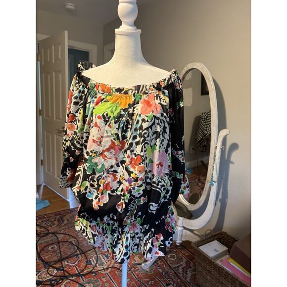RALPH LAUREN Black Paisley Crepe On Off Shoulder Top 1x - Picture 1 of 4